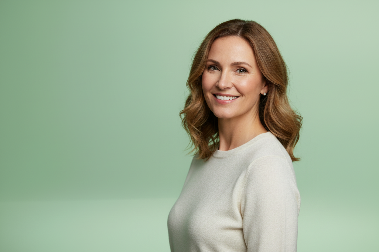 Woman in her 40s on mint green background