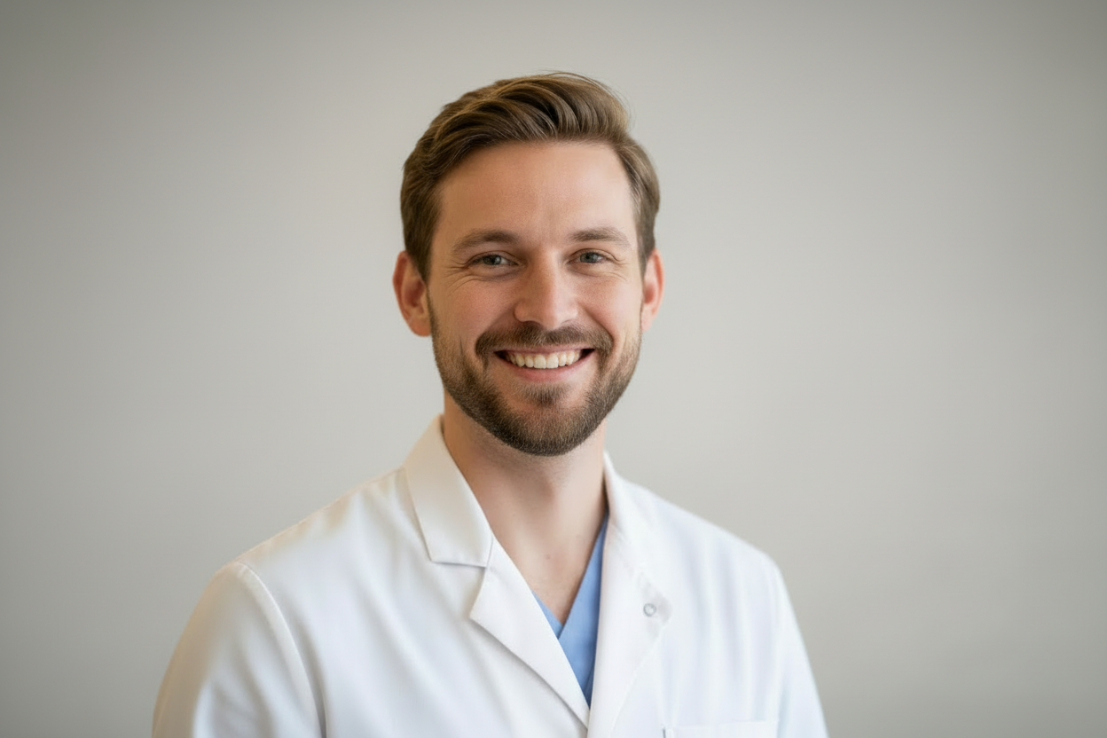 Man in white medical coat with uniform background